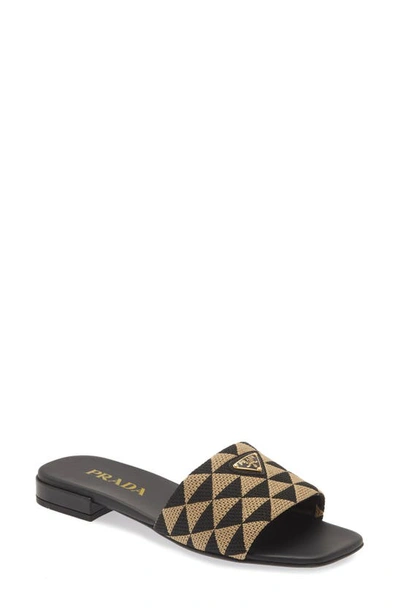 Prada Triangle Jacquard Flat Sandals In Black