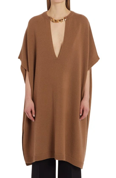 Valentino Brand-plaque Turtleneck Wool And Cashmere-blend Poncho In Brown