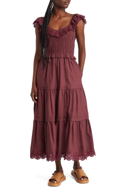 Madewell Lucie Embroidered Cotton Midi Dress In Vintage Mulberry