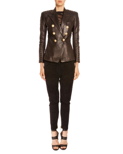 Balmain Lace-up-sleeve Leather Jacket, Black | ModeSens