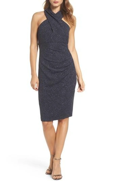 eliza j halter sheath dress Eliza J Petite Sleeveless Pleated Neck Trim Halter Dress - Berry