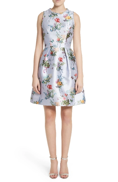 Monique Lhuillier Jewel-neck Sleeveless Botanical-print Fit-and-flare Structured Dress In Lavender Multi