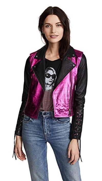 The Mighty Company Siena Biker Jacket In Black With Metallic Pink