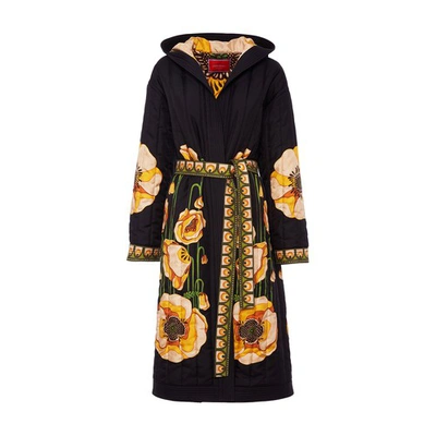 La Doublej Twill Silk Puffer Robe In Poppies Black Placée