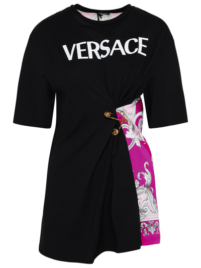 Versace Baroque Print Safety Pin Mixed Media Logo Graphic Tee In Black
