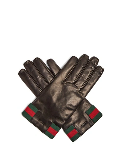 Gucci Web Striped Leather Gloves In Black