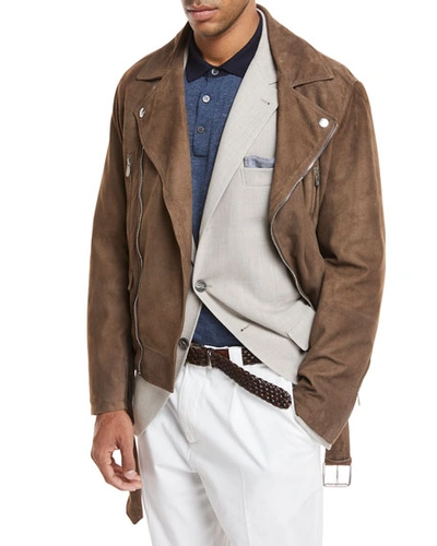 Brunello Cucinelli Suede Asymmetric Moto Jacket In Medium Brown