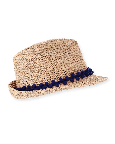 Tracy Watts Hitch Crochet Raffia Fedora Hat W/ Pompom Hat Band In Gray