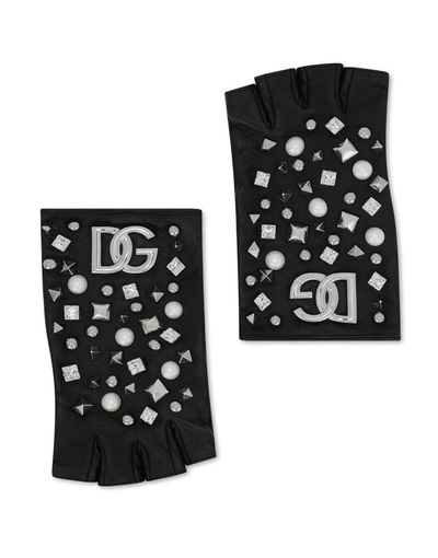 Dolce & Gabbana Studded Logo Wingless Gloves In Nero