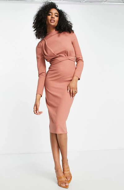 Asos Design High Neck Shoulder Pad Twist Front Midi Dress In Terracotta-pink