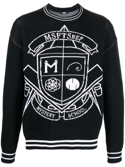 Msftsrep Mystery School Crest-intarsia Organic Cotton-knit Jumper In Black