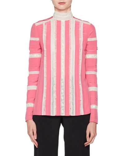 Valentino Long-sleeve Mock-neck Crepe De Chine With Lace Inset Blouse