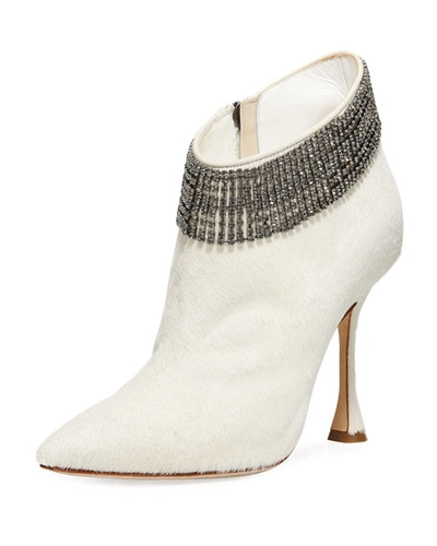 Manolo Blahnik Bomabi Calf Hair And Crystal Booties In White