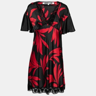 Pre-owned Mcq By Alexander Mcqueen Black & Red Floral Print Satin Flare Sleeve Dress M