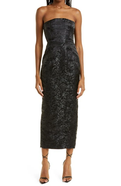 Sau Lee Jennifer Floral Jacquard Strapless Satin Pencil Dress In Black