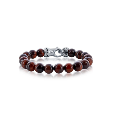 Blackjack Stainless Steel Tiger Eye Beaded Bracelet In Dark Red