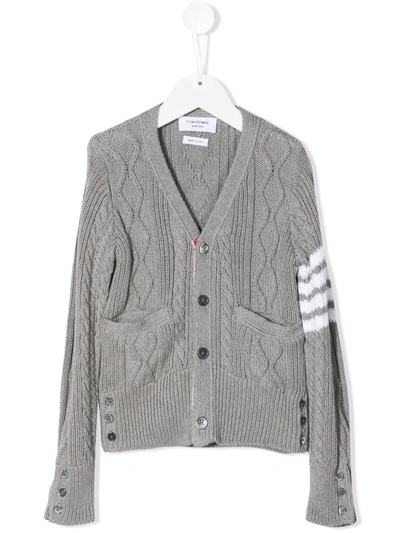 Thom Browne Kids' 4-bar Cable-knit Cotton Cardigan In Grey