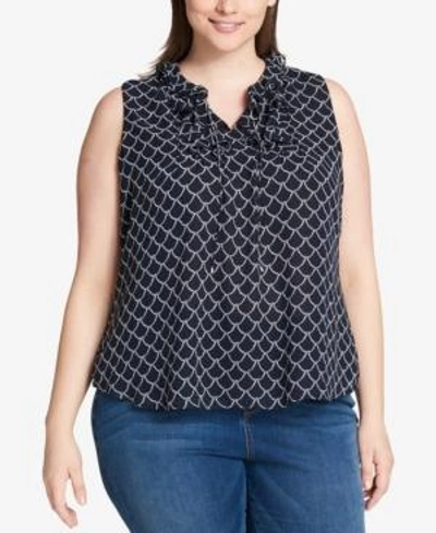 Tommy Hilfiger Plus Size Ruffled Top, Created For Macy's In Sky Captain/ivory