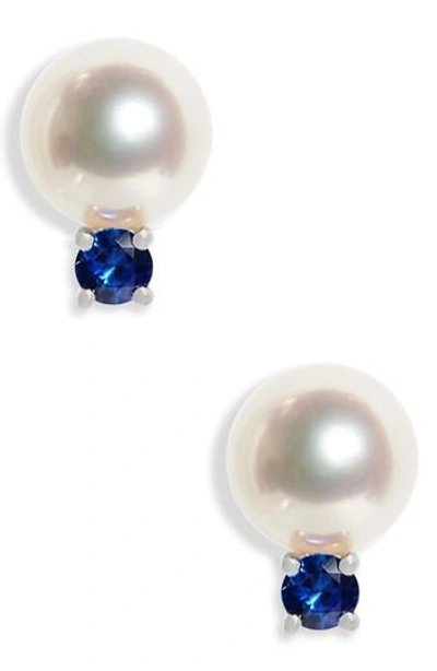 Mikimoto Akoya Pearl & Sapphire Stud Earrings In White Gold