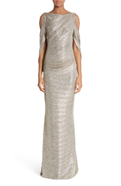 Talbot Runhof Ponceau Metallic Cold-shoulder Gown In Gold