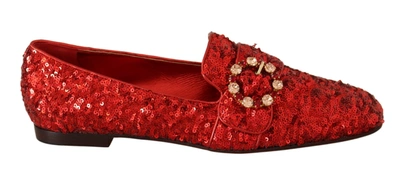 Dolce & Gabbana Red Sequin Crystal Flat Women Loafers Shoes