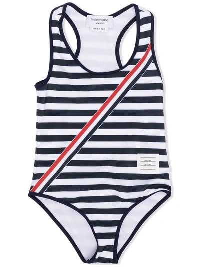 Thom Browne Kids' Rwb Stripe-detail Swimsuit In Blue
