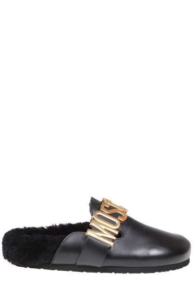 Moschino Logo Plaque Slip-on Slippers In Black