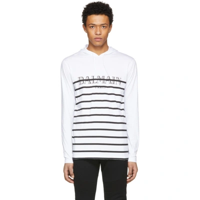 Balmain Striped-logo Hooded Cotton Sweatshirt In White