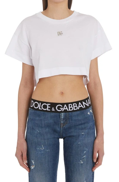 Dolce & Gabbana Logo Crop Cotton Jersey T-shirt In W0800 Bianco Ottico