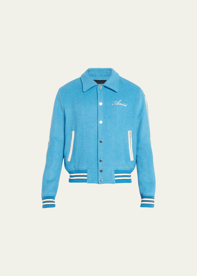 Amiri Bones Appliqué Wool-blend Bomber Jacket In Varsity Blue