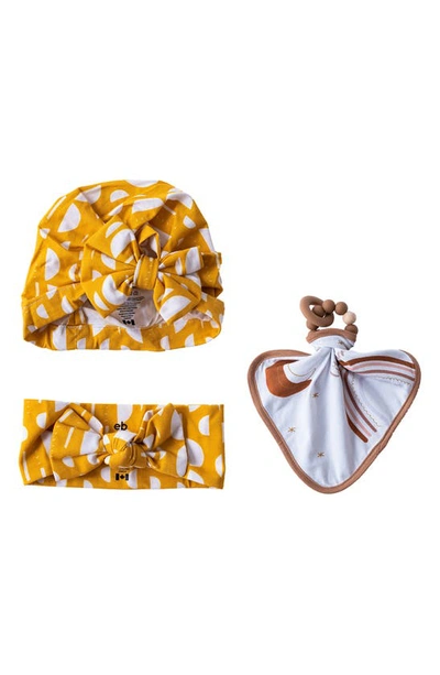 Earth Baby Outfitters Kids' Bow Hat, Head Wrap And Teether Toy Set In Yellow