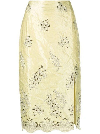 Erdem Floral-embroidery Pencil Midi Skirt In Yellow White And