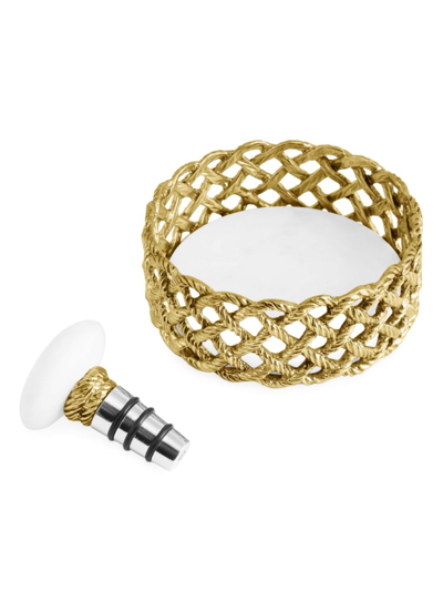 Michael Aram Love Knot Coaster & Wine Stopper Set In Gold