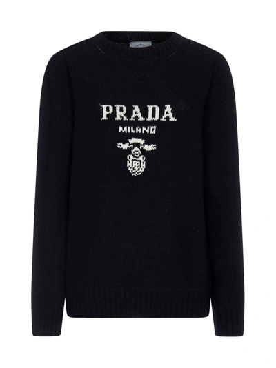 Prada Logo Wool And Cashmere Sweater In Nero