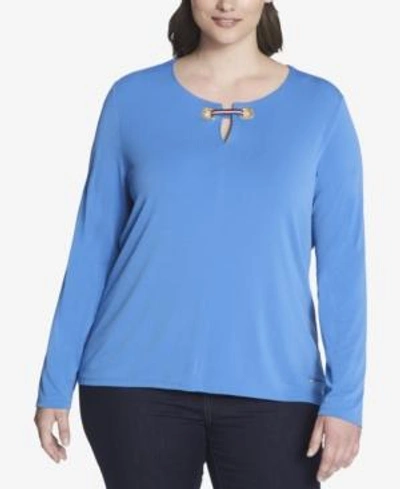 Tommy Hilfiger Plus Size Embellished Top, Created For Macy's In Pacific