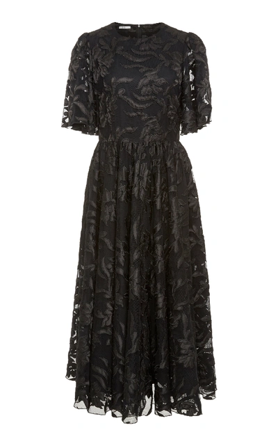 Co Flutter Sleeve Floral Applique Midi Dress In Black