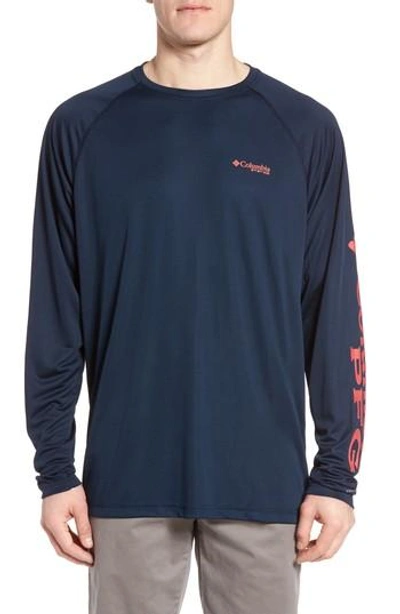 Columbia Pfg Terminal Tackle Performance Long Sleeve T-shirt In Collegiate Navy Sunset Red Lo