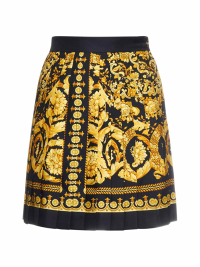 Versace Pleated Skirt With Baroque Print In Nero