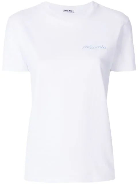 Miu Miu Logo Embroidered T-shirt In White | ModeSens