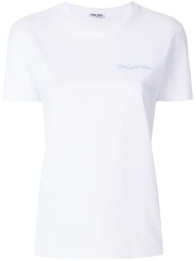 Miu Miu Logo Embroidered T-shirt In White