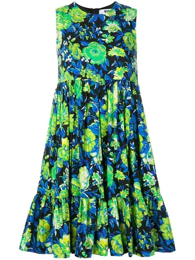 Msgm Printed Flowers Dress With Ruffles In Blue