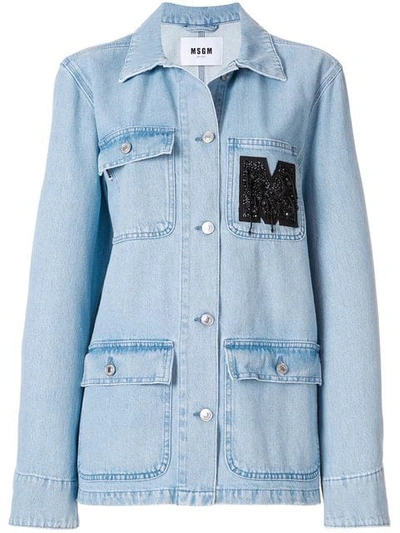 Msgm Denim Jacket With Embroidery In Light Blue