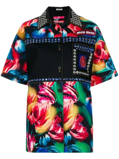 Miu Miu Embellished Floral Print Shirt In Black