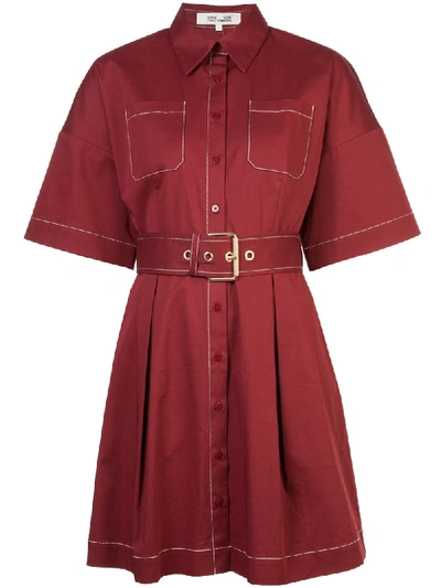 Diane Von Furstenberg Short Sleeve Button Up Belted Shirt Dress In Red