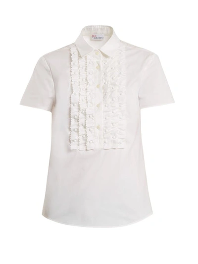 Red Valentino Point-collar Frilled-bib Cotton-blend Shirt In White