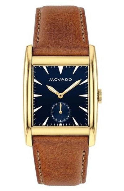 Movado Heritage Leather Strap Watch, 41mm In Cognac/ Blue/ Gold