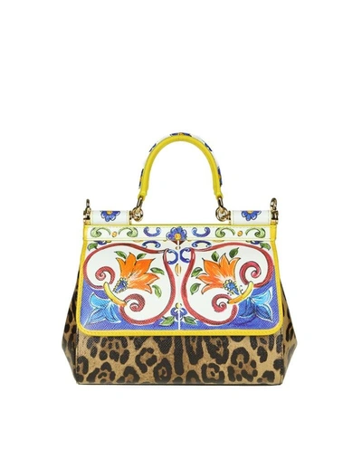 Dolce & Gabbana Sicily Shoulder Bag In Dauphine Leather With Maiolic In Multicolor