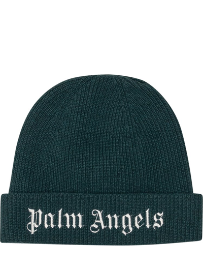 Palm Angels Kids Logo-embroidered Ribbed-knit Beanie In Green