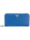 Prada Saffiano Leather Zip Around Wallet In Blue