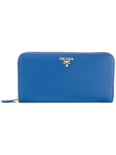 Prada Saffiano Leather Zip Around Wallet In Blue